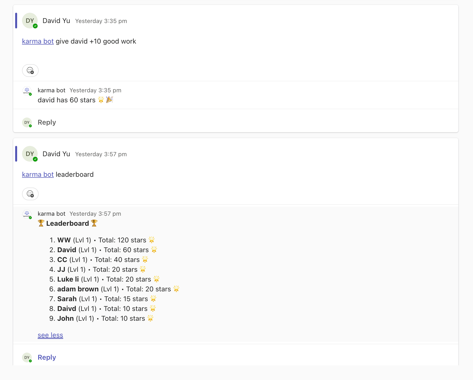 Karma Bot Commands Example